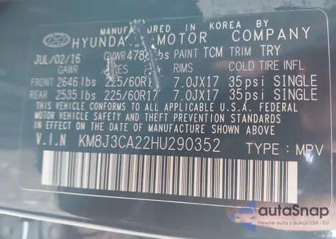 2017 Hyundai Tucson Eco from USA, damaged, VIN KM8J3CA22HU290352